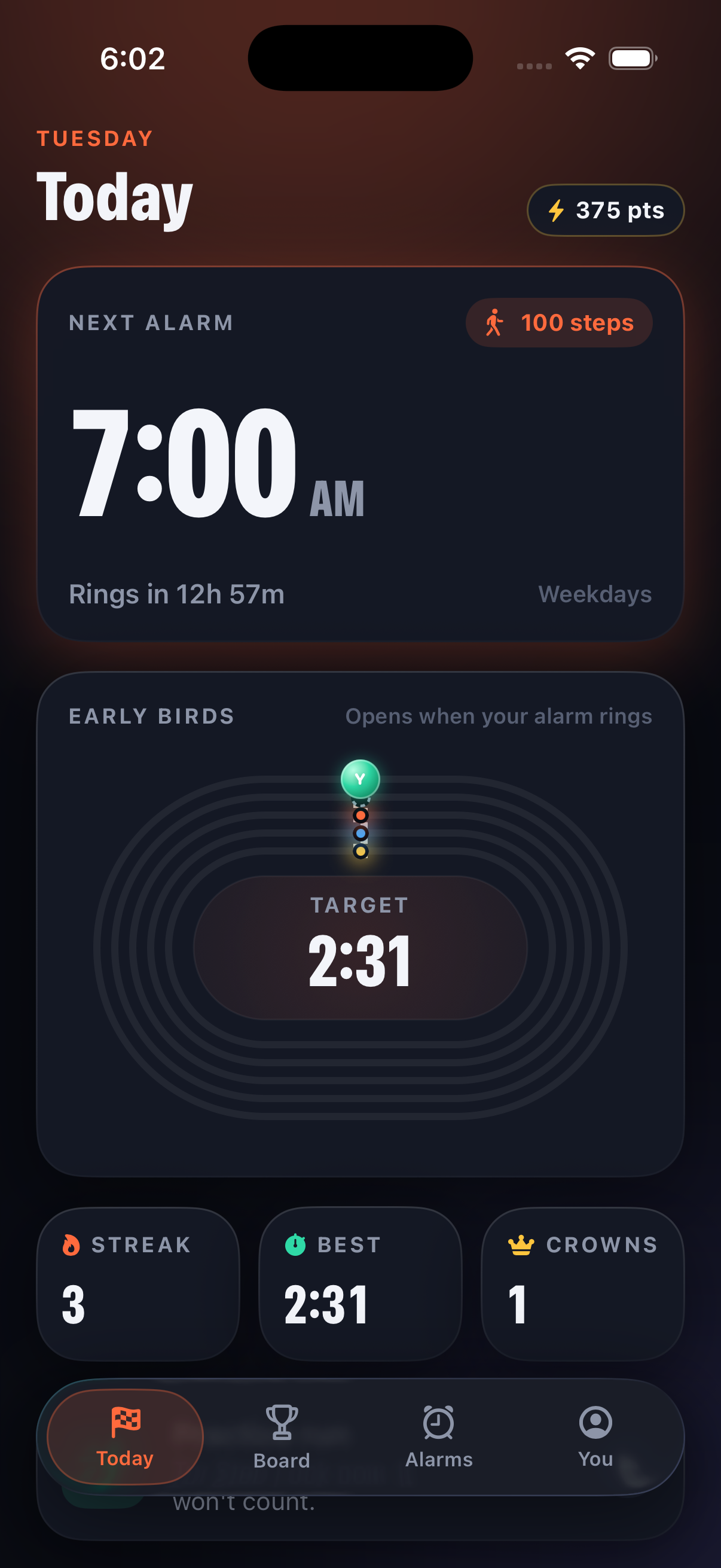 Steppy Today screen with the next alarm and the race track
